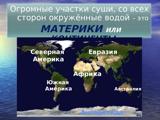 Огромные участки суши, со всех сторон окружённые водой – это  МАТЕРИКИ  ИЛИ  КОНТИНЕНТЫ Евразия Северная  Америка Африка Южная Америка Австралия Антарктида 20 