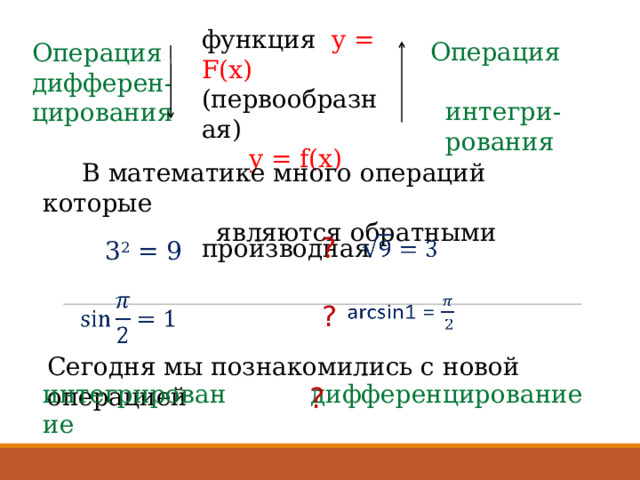   функция y = F(х) (первообразная)  y = f(х)    производная   Операция  интегри-  рования Операция дифферен-цирования  В математике много операций которые  являются обратными   ? 3 2 = 9     ?  Сегодня мы познакомились с новой операцией   интегрирование  дифференцирование ? 