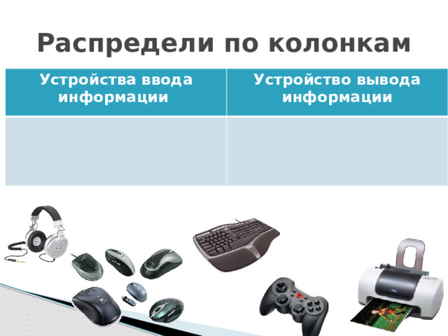 Распредели по колонкам Устройства ввода информации Устройство вывода информации 