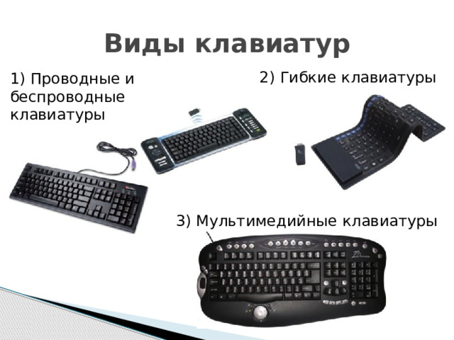 Виды клавиатур 2) Гибкие клавиатуры 1) Проводные и беспроводные клавиатуры 3) Мультимедийные клавиатуры 