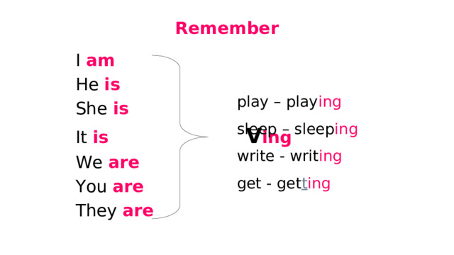 Remember I am He is  She is  It is      V ing We are  You are They are play – play ing sleep – sleep ing write - writ ing get - get t ing 