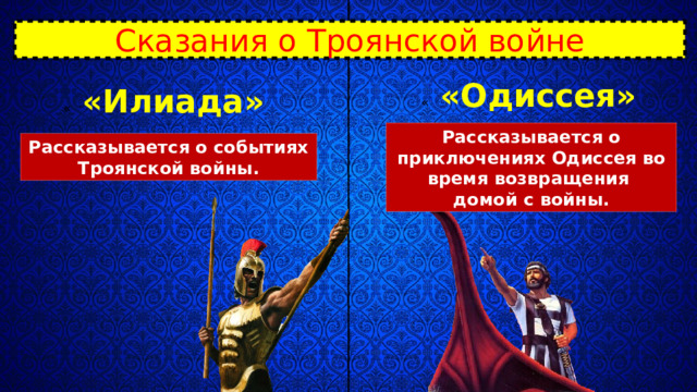 Сказания о Троянской войне « «Одиссея» « «Илиада» Рассказывается о приключениях Одиссея во время возвращения домой с войны. Рассказывается о событиях Троянской войны. 