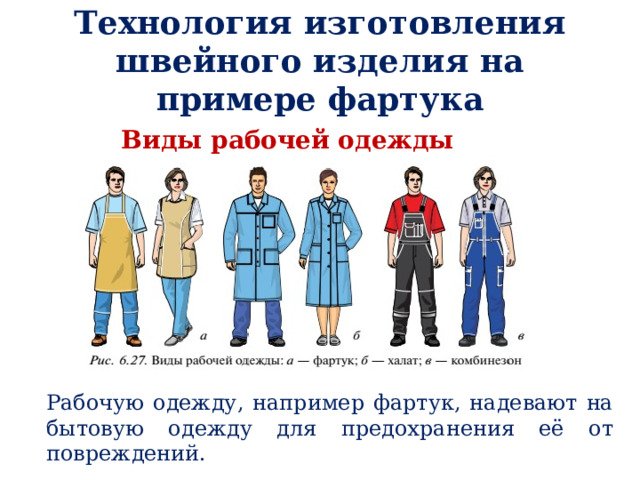 Технология изготовления швейного изделия на примере фартука Виды рабочей одежды Рабочую одежду, например фартук, надевают на бытовую одежду для предохранения её от повреждений. 