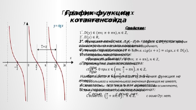   График функции  котангенсоида   Свойства:   3°. Функция нечётная, т.к. т.е. график симметричен относительно начала координат, Функция периодическая с т.е.  Интервалы монотонности:  Функция убывает при . Промежутки знакопостоянства:  при  при  Наибольшего и наименьшего значения функция не имеет,  Асимптоты: вертикальная асимптота, Точки пересечения с осями координат:  С осью с осью  нет. 