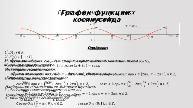 График функции  косинусоида     Свойства:   3°. Функция чётная, т.к. , т.е. график симметричен относительно оси , Функция периодическая с  Интервалы монотонности:  Функция возрастает при функция убывает при . Промежутки знакопостоянства:  при при  Наибольшее и наименьшее значение функции:  при , при  Точки пересечения с осями координат:  С осью с осью 