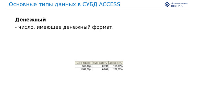 Основные типы данных в СУБД ACCESS Денежный - число, имеющее денежный формат. 