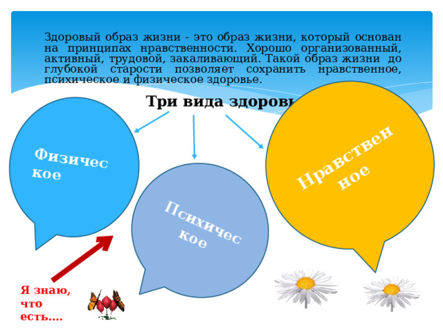 Физическое Психическое Нравственное Здоровый образ жизни - это образ жизни, который основан на принципах нравственности. Хорошо организованный, активный, трудовой, закаливающий. Такой образ жизни до глубокой старости позволяет сохранить нравственное, психическое и физическое здоровье. Три вида здоровья Я знаю, что есть…. 