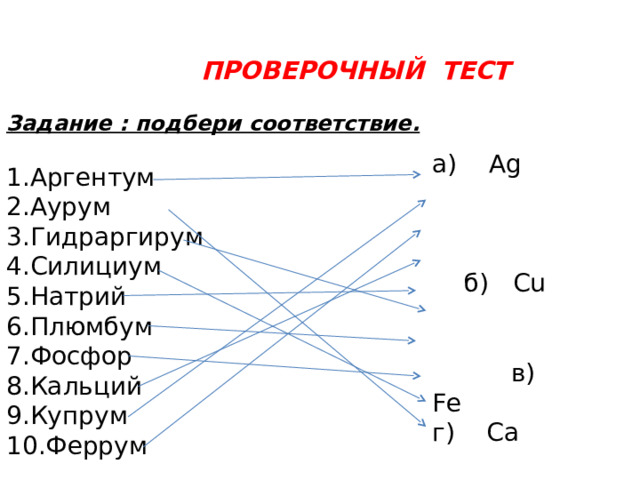  ПРОВЕРОЧНЫЙ ТЕСТ Задание : подбери соответствие.  1.Аргентум 2.Аурум 3.Гидраргирум 4.Силициум 5.Натрий 6.Плюмбум 7.Фосфор 8.Кальций 9.Купрум 10.Феррум а) Ag б) Cu в) Fe  г) C а д) Na е) Hg  ж) Pb з) Р и) Si  к) Au  