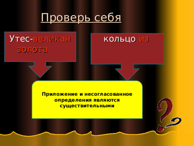 Проверь себя Утес- великан кольцо из золота  Сущ . Приложение и несогласованное определения являются существительными 