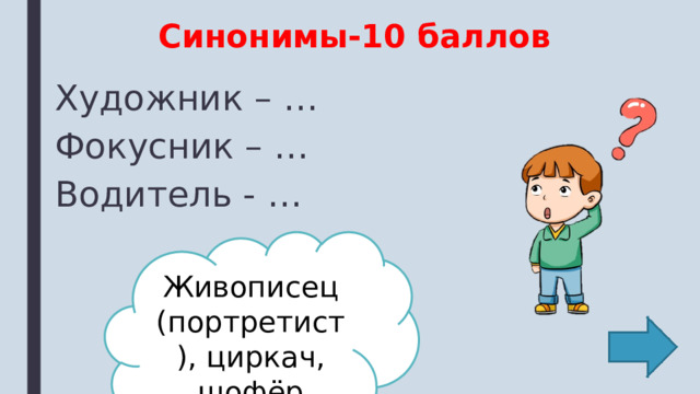 Синонимы-10 баллов Художник – … Фокусник – … Водитель - … Живописец (портретист), циркач, шофёр 