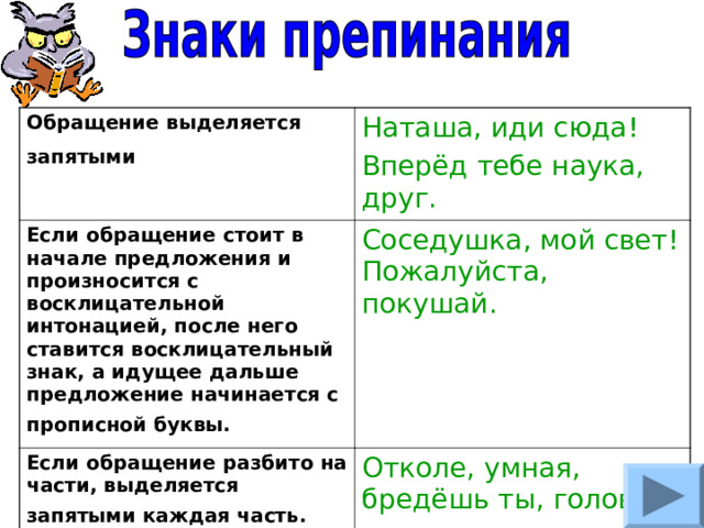 Обращение выделяется запятыми  Наташа, иди сюда! Вперёд тебе наука, друг.  Если обращение стоит в начале предложения и произносится с восклицательной интонацией, после него ставится восклицательный знак, а идущее дальше предложение начинается с прописной буквы.  Соседушка, мой свет! Пожалуйста, покушай. Если обращение разбито на части, выделяется запятыми каждая часть.  Отколе, умная, бредёшь ты, голова? 