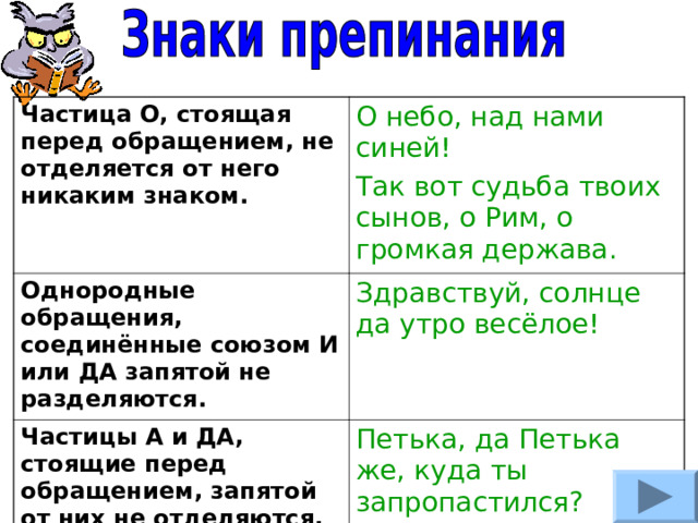 Частица О, стоящая перед обращением, не отделяется от него никаким знаком. О небо, над нами синей! Так вот судьба твоих сынов, о Рим, о громкая держава. Однородные обращения, соединённые союзом И или ДА запятой не разделяются. Здравствуй, солнце да утро весёлое! Частицы А и ДА, стоящие перед обращением, запятой от них не отделяются, а перед ними запятая ставится. Петька, да Петька же, куда ты запропастился? 