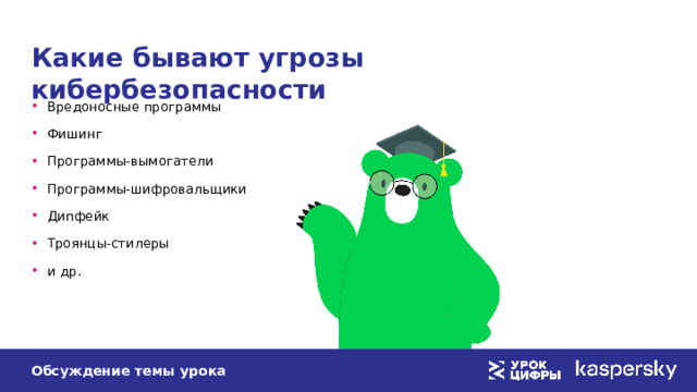 Какие бывают угрозы кибербезопасности Вредоносные программы Фишинг Программы-вымогатели Программы-шифровальщики Дипфейк Троянцы-стилеры и др. Обсуждение темы урока 