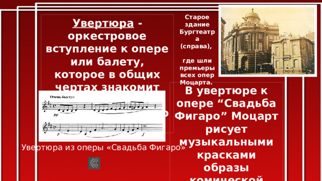 Старое здание Бургтеатра (справа), где шли премьеры всех опер Моцарта. Увертюра - оркестровое вступление к опере или балету, которое в общих чертах знакомит слушателя с содержанием всего действия. В увертюре к опере “Свадьба Фигаро” Моцарт рисует музыкальными красками образы комической оперы, наполненные энергией, светом, шуткой, весельем. Увертюра из оперы «Свадьба Фигаро» 
