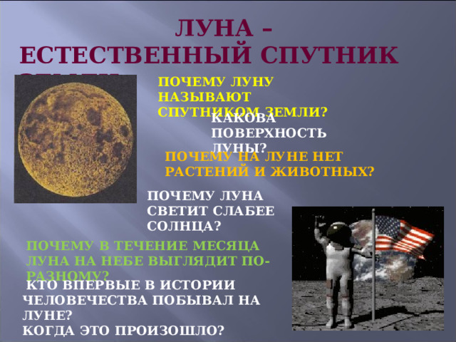 ЛУНА – ЕСТЕСТВЕННЫЙ СПУТНИК ЗЕМЛИ ПОЧЕМУ ЛУНУ НАЗЫВАЮТ СПУТНИКОМ ЗЕМЛИ? КАКОВА ПОВЕРХНОСТЬ ЛУНЫ? ПОЧЕМУ НА ЛУНЕ НЕТ РАСТЕНИЙ И ЖИВОТНЫХ? ПОЧЕМУ ЛУНА СВЕТИТ СЛАБЕЕ СОЛНЦА? ПОЧЕМУ В ТЕЧЕНИЕ МЕСЯЦА ЛУНА НА НЕБЕ ВЫГЛЯДИТ ПО-РАЗНОМУ?  КТО ВПЕРВЫЕ В ИСТОРИИ ЧЕЛОВЕЧЕСТВА ПОБЫВАЛ НА ЛУНЕ? КОГДА ЭТО ПРОИЗОШЛО? 