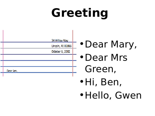 Greeting   Dear Mary, Dear Mrs Green, Hi, Ben, Hello, Gwen 