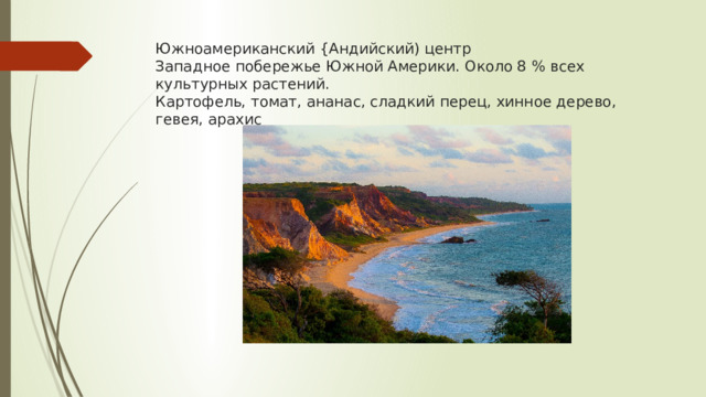 Южноамериканский {Андийский) центр  Западное побережье Южной Америки. Около 8 % всех культурных растений.  Картофель, томат, ананас, сладкий перец, хинное дерево, гевея, арахис   