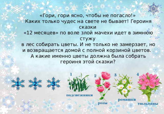 «Гори, гори ясно, чтобы не погасло!» Каких только чудес на свете не бывает! Героиня сказки «12 месяцев» по воле злой мачехи идет в зимнюю стужу в лес собирать цветы. И не только не замерзает, но и возвращается домой с полной корзиной цветов. А какие именно цветы должна была собрать  героиня этой сказки?  2 3 1 