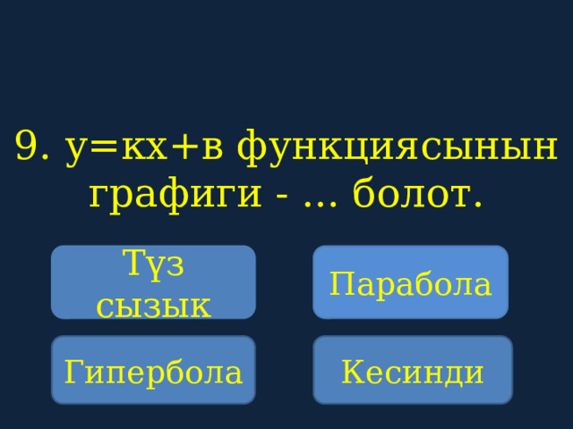 9. у=кх+в функциясынын графиги - ... болот.    Түз сызык Парабола Гипербола Кесинди 