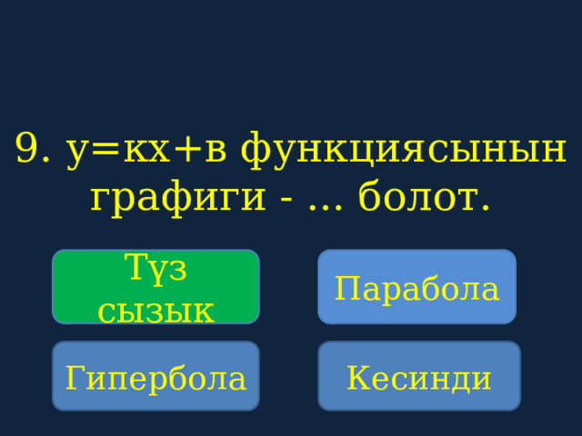 9. у=кх+в функциясынын графиги - ... болот.    Түз сызык Парабола Гипербола Кесинди 