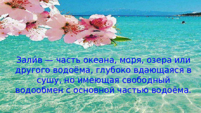 Зали́в — часть океана, моря, озера или другого водоёма, глубоко вдающаяся в сушу, но имеющая свободный водообмен с основной частью водоёма. Зали́в — часть океана, моря, озера или другого водоёма, глубоко вдающаяся в сушу, но имеющая свободный водообмен с основной частью водоёма. 