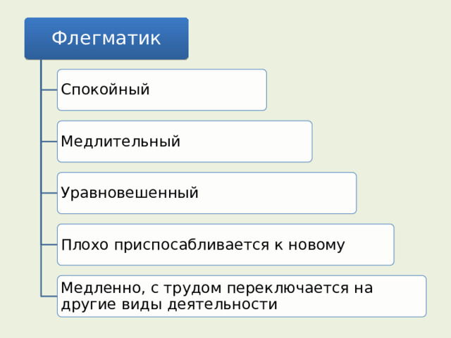 Флегматик Спокойный Медлительный Уравновешенный Плохо приспосабливается к новому Медленно, с трудом переключается на другие виды деятельности 
