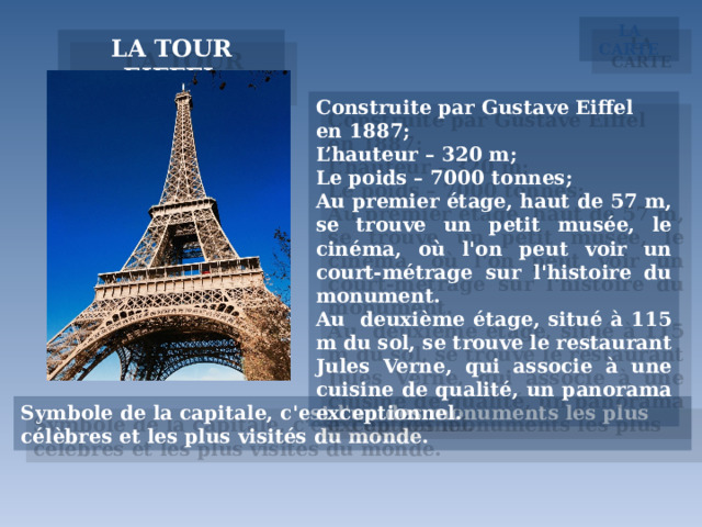 LA CARTE LA TOUR EIFFEL Construite par Gustave Eiffel en 1887; L’hauteur – 320 m; Le poids – 7000 tonnes; Au premier étage, haut de 57 m, se trouve un petit musée, le cinéma, où l'on peut voir un court-métrage sur l'histoire du monument. Au  deuxième étage, situé à 115 m du sol, se trouve le restaurant Jules Verne, qui associe à une cuisine de qualité, un panorama exceptionnel. Symbole de la capitale, c'est l'un des monuments les plus célèbres et les plus visités du monde. 
