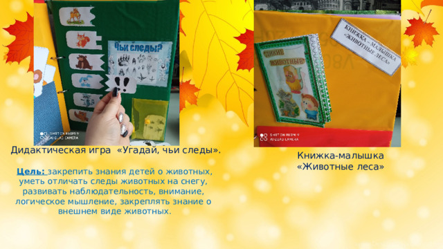  Дидактическая игра «Угадай, чьи следы».  Цель: закрепить знания детей о животных, уметь отличать следы животных на снегу, развивать наблюдательность, внимание, логическое мышление, закреплять знание о внешнем виде животных.  Книжка-малышка «Животные леса» 