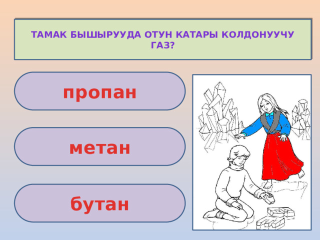 тамак бышырууда отун катары колдонуучу газ? пропан метан бутан 