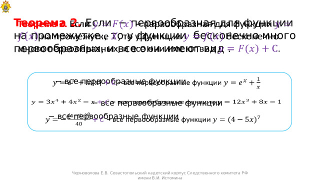 Теорема 2. Если  − первообразная для функции на промежутке , то у функции бесконечно много первообразных, и все они имеют вид .   − все первообразные функции   − все первообразные функции   − все первообразные функции   Черноволова Е.В. Севастопольский кадетский корпус Следственного комитета РФ имени В.И. Истомина 