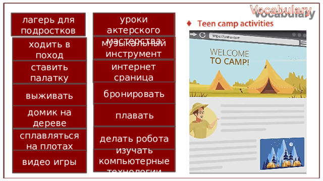 посещать уроки актерского мастерства have acting classes teen camp лагерь для подростков музыкальный инструмент instrument ходить в поход go hiking web-page интернет сраница set up a tent ставить палатку book бронировать survive выживать плавать go swimming  tree house домик на дереве have/make a robot делать робота go rafting сплавляться на плотах have it classes изучать компьютерные технологии видео игры video games  