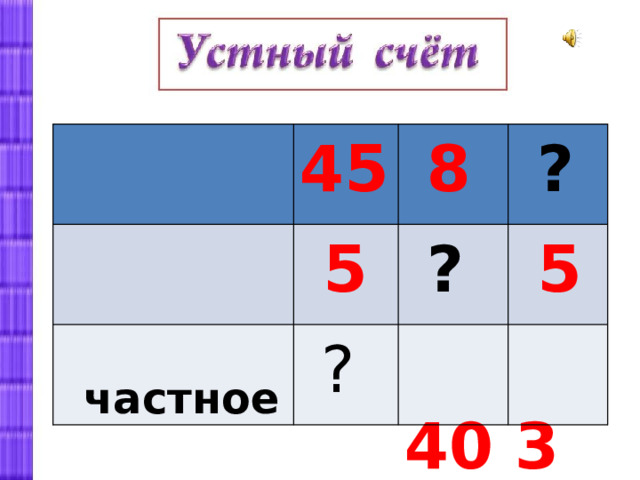   делимое  ? 45  8  5  ?  5   делитель  40  ?   частное  35 