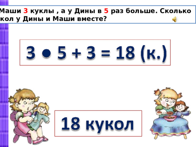 У Маши 3 куклы , а у Дины в 5 раз больше. Сколько кукол у Дины и Маши вместе? 