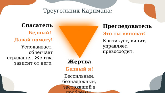 Треугольник Карпмана: Спасатель Бедный! Давай помогу! Успокаивает, облегчает страдания. Жертва зависит от него. Преследователь Это ты виноват! Критикует, винит, управляет, превосходит. Жертва Бедный я! Бессильный, безнадежный, застрявший в проблемах. 