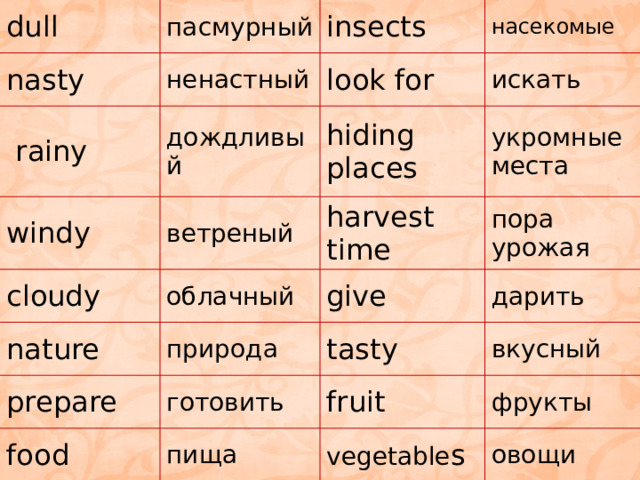 dull пасмурный nasty insects ненастный  rainy windy насекомые look for дождливый ветреный cloudy hiding places искать укромные места harvest time облачный nature prepare пора урожая give природа food готовить tasty дарить fruit пища вкусный vegetable s фрукты овощи 