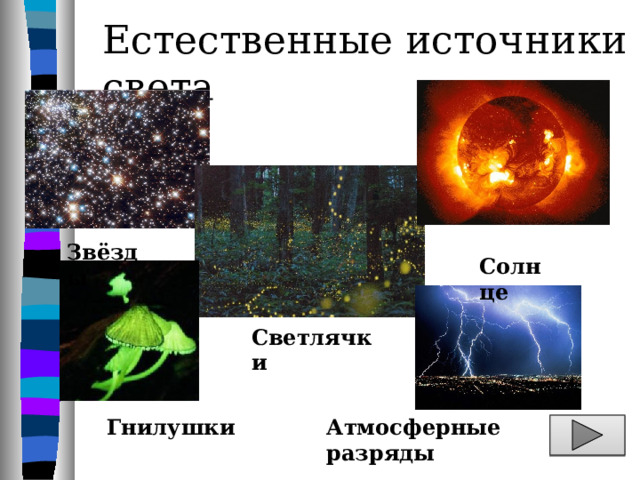 Естественные источники света Звёзды Солнце Светлячки Гнилушки Атмосферные разряды 