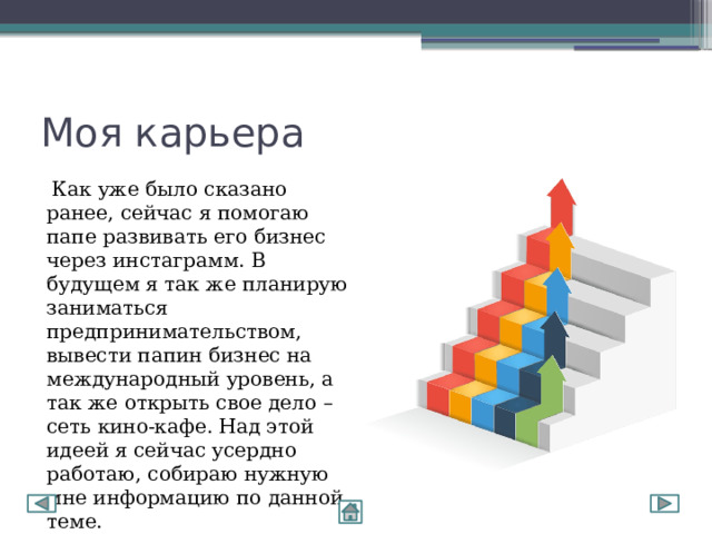 Моя карьера  Как уже было сказано ранее, сейчас я помогаю папе развивать его бизнес через инстаграмм. В будущем я так же планирую заниматься предпринимательством, вывести папин бизнес на международный уровень, а так же открыть свое дело – сеть кино-кафе. Над этой идеей я сейчас усердно работаю, собираю нужную мне информацию по данной теме. 
