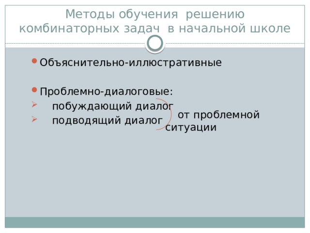  Методы обучения решению комбинаторных задач в начальной школе Объяснительно-иллюстративные Проблемно-диалоговые: побуждающий диалог подводящий диалог от проблемной ситуации 