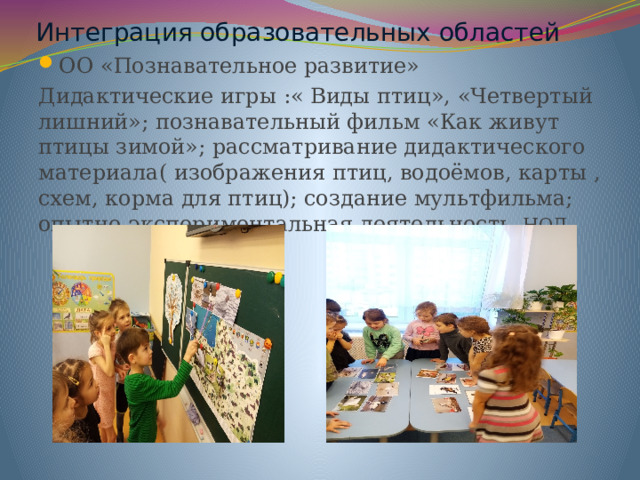 Интеграция образовательных областей ОО «Познавательное развитие» Дидактические игры :« Виды птиц», «Четвертый лишний»; познавательный фильм «Как живут птицы зимой»; рассматривание дидактического материала( изображения птиц, водоёмов, карты , схем, корма для птиц); создание мультфильма; опытно-экспериментальная деятельность , НОД. 