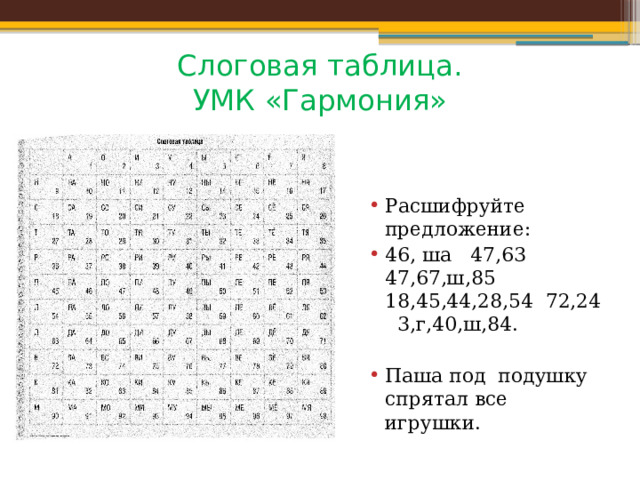 Слоговая таблица.  УМК «Гармония» Расшифруйте предложение: 46, ша 47,63 47,67,ш,85 18,45,44,28,54 72,24 3,г,40,ш,84. Паша под подушку спрятал все игрушки. 