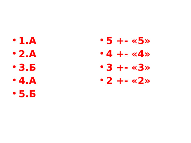 1.А 2.А 3.Б 4.А 5.Б 5 +- «5» 4 +- «4» 3 +- «3» 2 +- «2» 