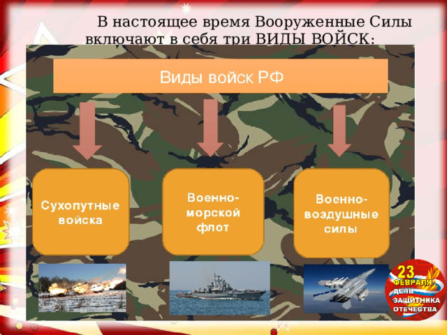  В настоящее время Вооруженные Силы включают в себя три ВИДЫ ВОЙСК: 