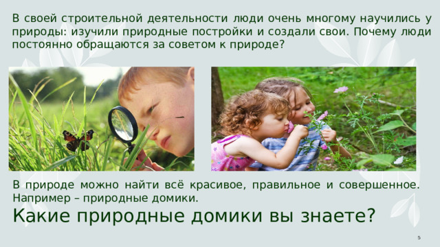 В своей строительной деятельности люди очень многому научились у природы: изучили природные постройки и создали свои. Почему люди постоянно обращаются за советом к природе? В природе можно найти всё красивое, правильное и совершенное. Например – природные домики. Какие природные домики вы знаете? 1 1 
