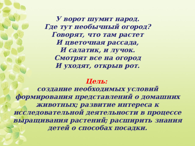 У ворот шумит народ.  Где тут необычный огород?  Говорят, что там растет  И цветочная рассада,  И салатик, и лучок.  Смотрят все на огород  И уходят, открыв рот.   Цель:  создание необходимых условий формирования представлений о домашних животных; развитие интереса к исследовательной деятельности в процессе выращивания растений; расширить знания детей о способах посадки. 
