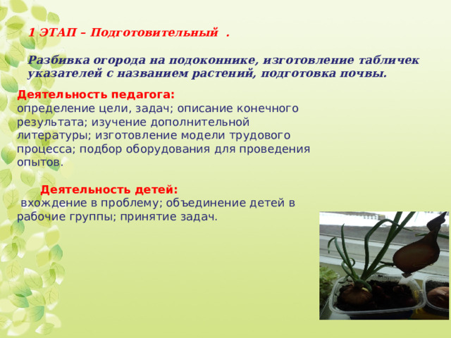 1 ЭТАП – Подготовительный .   Разбивка огорода на подоконнике, изготовление табличек указателей с названием растений, подготовка почвы. Деятельность педагога: определение цели, задач; описание конечного результата; изучение дополнительной литературы; изготовление модели трудового процесса; подбор оборудования для проведения опытов.  Деятельность детей:  вхождение в проблему; объединение детей в рабочие группы; принятие задач. 