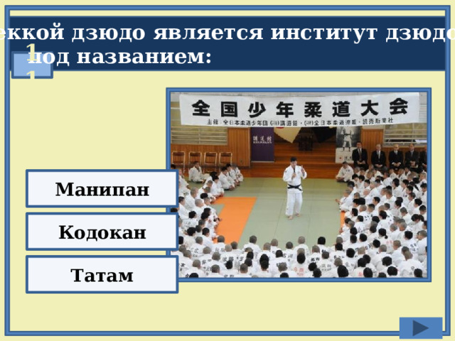 Меккой дзюдо является институт дзюдо  под названием: 11 Манипан Кодокан Татам 