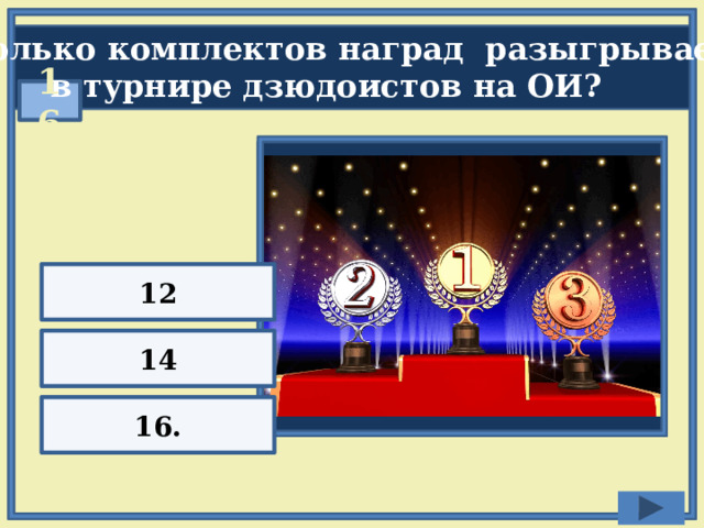 Сколько комплектов наград разыгрывается  в турнире дзюдоистов на ОИ?  16 12 14 16. 