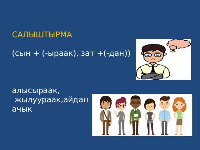 САЛЫШТЫРМА   (сын + (-ыраак), зат +(-дан))     алысыраак,  жылуураак,айдан  ачык 