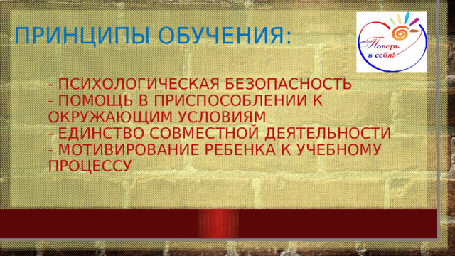 Принципы обучения:   - Психологическая безопасность  - Помощь в приспособлении к окружающим условиям  - Единство совместной деятельности  - Мотивирование ребенка к учебному процессу   