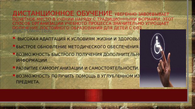 Дистанционное обучение уверенно завоевывает почетное место в учении наряду с традиционными формами. Этот способ организации учебного процесса значительно упрощает получение достойного образования для детей с ОВЗ Достоинства:  Высокая адаптация к условиям жизни и здоровья учеников. Быстрое обновление методического обеспечения. Возможность быстрого получения дополнительной информации. Развитие самоорганизации и самостоятельности. Возможность получить помощь в углубленном изучении предмета. 